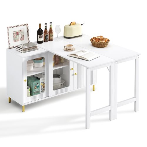 Ilot Central Cuisine Comptoir Avec Table Rotative Et Rétractable à 360° Et Portes Coulissantes Blanc
