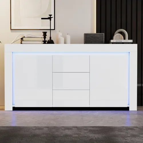 Buffet Avec LED, 2 Portes Et 3 Tiroirs Blanc