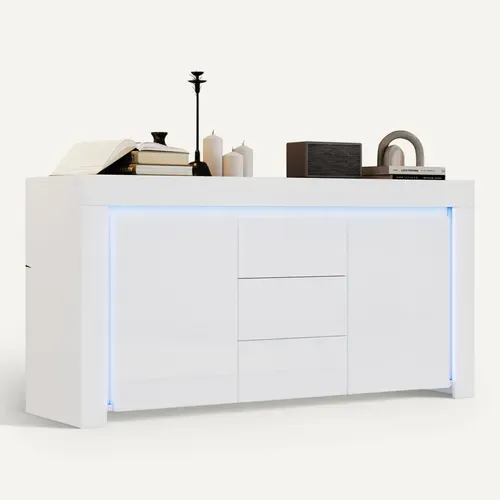 Buffet Avec LED, 2 Portes Et 3 Tiroirs Blanc