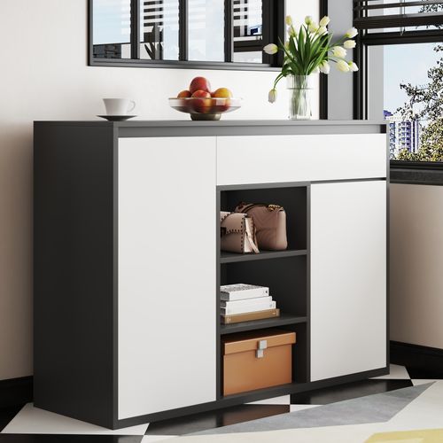 Meuble à Chaussures Avec LED, 2 Portes, 1 Tiroir Et 3 Niches Blanc Et Noir