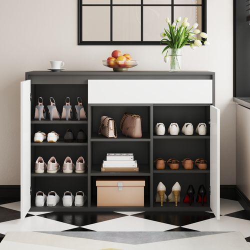 Meuble à Chaussures Avec LED, 2 Portes, 1 Tiroir Et 3 Niches Blanc Et Noir