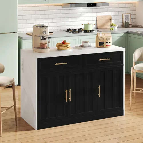 Ilot Central Cuisine Comptoir Avec 3 Portes Et 2 Tiroirs Noir