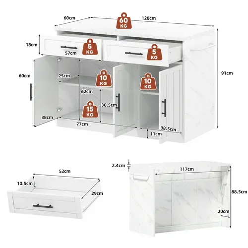 Ilot Central Cuisine Comptoir Avec 3 Portes Et 2 Tiroirs Blanc