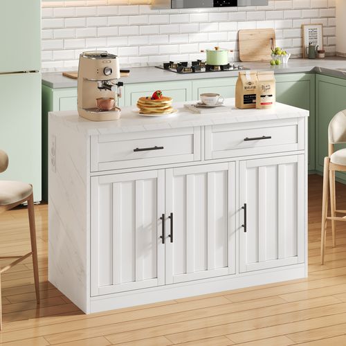Ilot Central Cuisine Comptoir Avec 3 Portes Et 2 Tiroirs Blanc