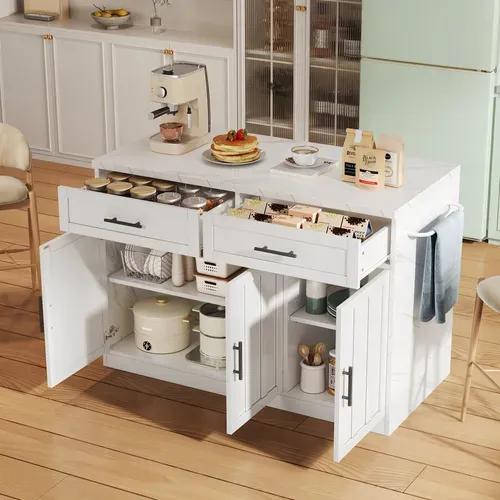 Ilot Central Cuisine Comptoir Avec 3 Portes Et 2 Tiroirs Blanc