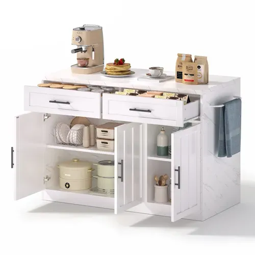 Ilot Central Cuisine Comptoir Avec 3 Portes Et 2 Tiroirs Blanc