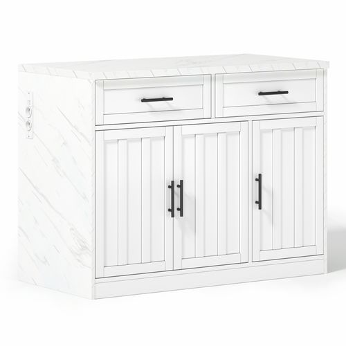 Ilot Central Cuisine Comptoir Avec 3 Portes Et 2 Tiroirs Blanc
