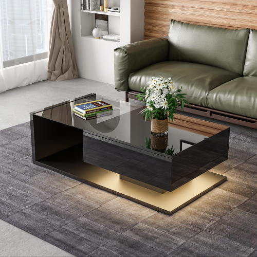 Table Basse Brillante Avec Tiroir Et LED Noir - Table Basse