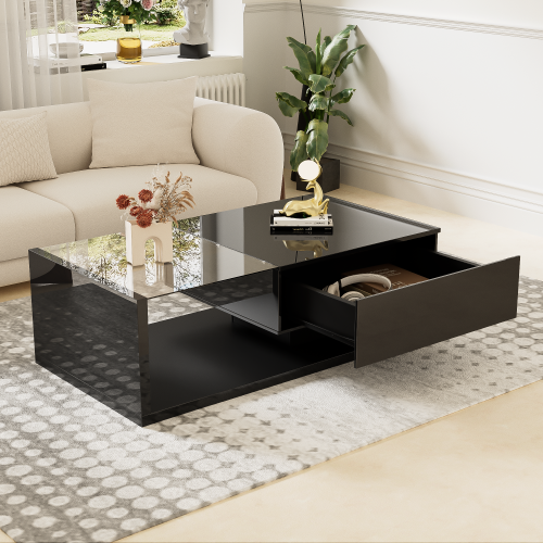 Table Basse Brillante Avec Tiroir Et LED Noir - Table Basse