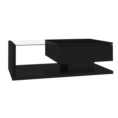 Table Basse Brillante Avec Tiroir Et LED Noir - Table Basse