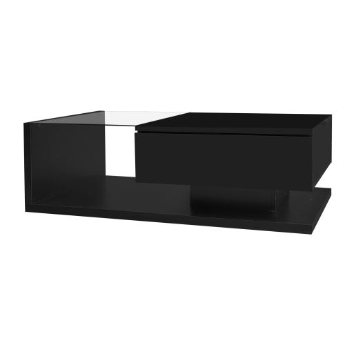 Table Basse Brillante Avec Tiroir Et LED Noir - Table Basse