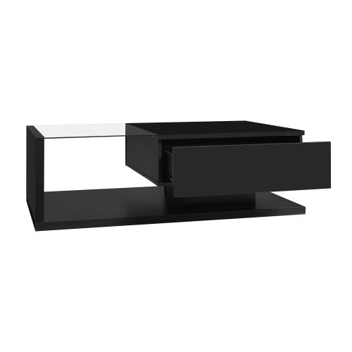 Table Basse Brillante Avec Tiroir Et LED Noir - Table Basse