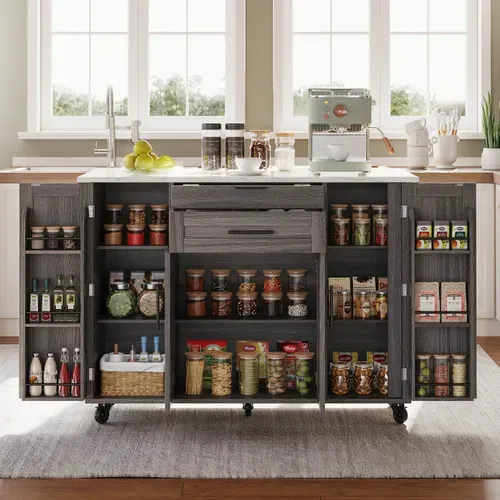 Ilot Central Cuisine Comptoir Avec 4 Portes Et 1 Tiroir Gris