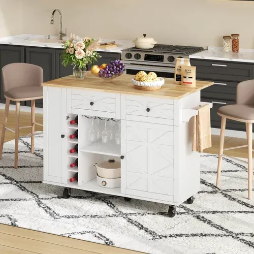 Ilot Central Cuisine Comptoir Avec 2 Portes, Armoire à Vin Et 2 Tiroirs Blanc