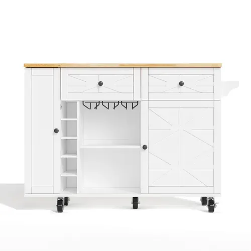 Ilot Central Cuisine Comptoir Avec 2 Portes, Armoire à Vin Et 2 Tiroirs Blanc