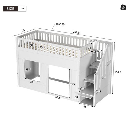 Lit Mezzanine 90 X 200 Cm Avec 3 Escaliers De Rangement Blanc