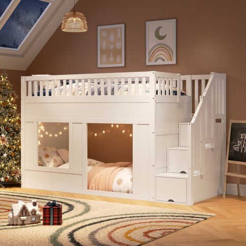 Lit Mezzanine 90 X 200 Cm Avec 3 Escaliers De Rangement Blanc