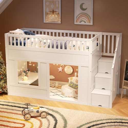 Lit Mezzanine 90 X 200 Cm Avec 3 Escaliers De Rangement Blanc