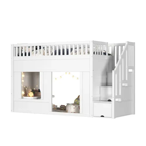 Lit Mezzanine 90 X 200 Cm Avec 3 Escaliers De Rangement Blanc