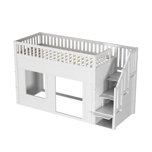 Lit Mezzanine 90 X 200 Cm Avec 3 Escaliers De Rangement Blanc