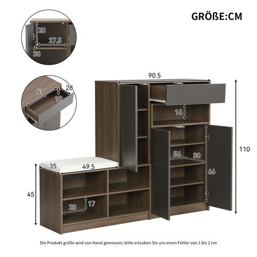 Meuble à Chaussures Avec 3 Portes, 5 Niches Et 1 Tiroir Gris