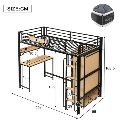 Lit Mezzanine 90 X 200 Cm Avec Bureau, Étagères Et Armoire En Métal Noir