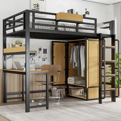 Lit Mezzanine 90 X 200 Cm Avec Bureau, Étagères Et Armoire En Métal Noir
