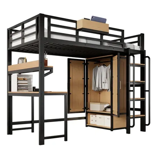 Lit Mezzanine 90 X 200 Cm Avec Bureau, Étagères Et Armoire En Métal Noir