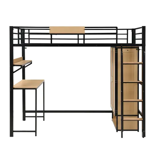 Lit Mezzanine 90 X 200 Cm Avec Bureau, Étagères Et Armoire En Métal Noir
