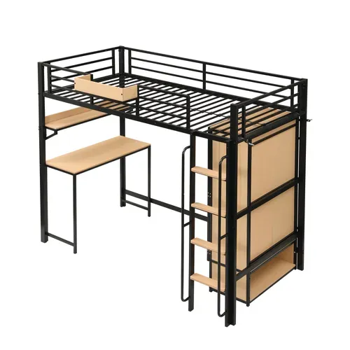 Lit Mezzanine 90 X 200 Cm Avec Bureau, Étagères Et Armoire En Métal Noir