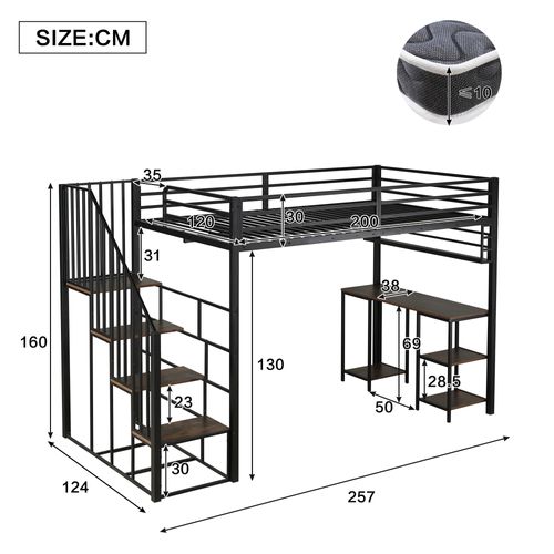 Lit Mezzanine 120 X 200 Cm Avec Bureau, Étagères Et Escaliers En Métal Noir