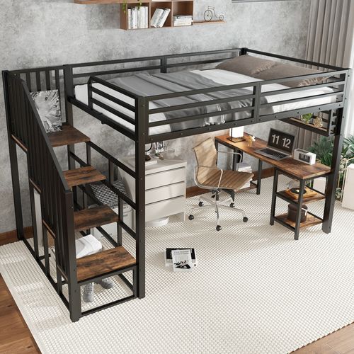 Lit Mezzanine 120 X 200 Cm Avec Bureau, Étagères Et Escaliers En Métal Noir