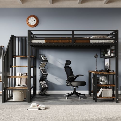 Lit Mezzanine 120 X 200 Cm Avec Bureau, Étagères Et Escaliers En Métal Noir