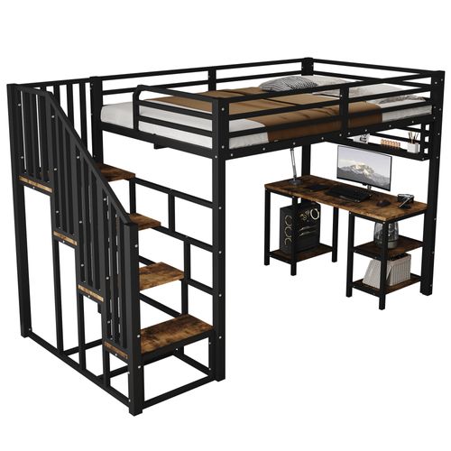 Lit Mezzanine 120 X 200 Cm Avec Bureau, Étagères Et Escaliers En Métal Noir