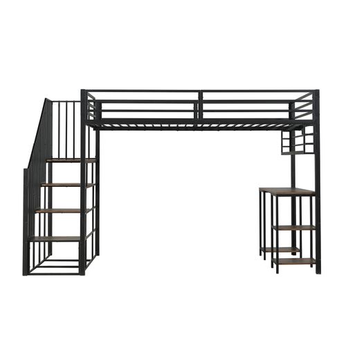 Lit Mezzanine 120 X 200 Cm Avec Bureau, Étagères Et Escaliers En Métal Noir