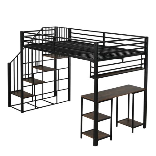 Lit Mezzanine 120 X 200 Cm Avec Bureau, Étagères Et Escaliers En Métal Noir