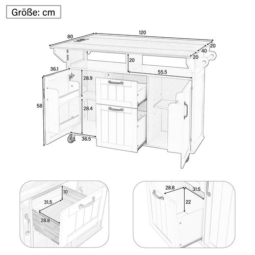 Ilot Central Ilot De Cuisine Avec 2 Portes, 2 Tiroirs Et Bureau Pliable Blanc