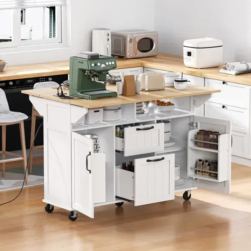 Ilot Central Ilot De Cuisine Avec 2 Portes, 2 Tiroirs Et Bureau Pliable Blanc