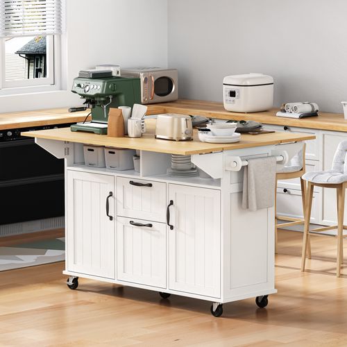 Ilot Central Ilot De Cuisine Avec 2 Portes, 2 Tiroirs Et Bureau Pliable Blanc
