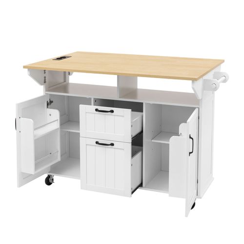 Ilot Central Ilot De Cuisine Avec 2 Portes, 2 Tiroirs Et Bureau Pliable Blanc