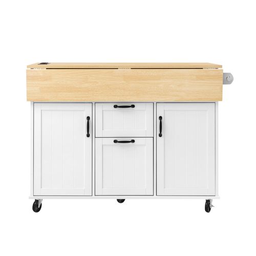 Ilot Central Ilot De Cuisine Avec 2 Portes, 2 Tiroirs Et Bureau Pliable Blanc
