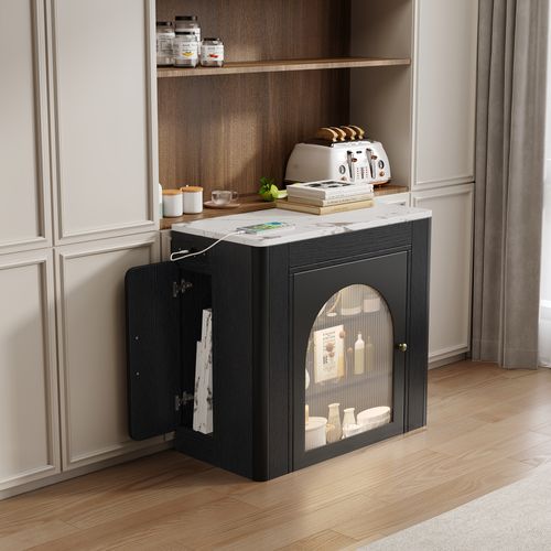 Ilot Central Ilot De Cuisine Avec LED, 2 Portes Et Table Extensible Noir