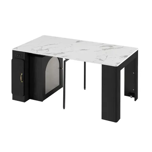 Ilot Central Ilot De Cuisine Avec LED, 2 Portes Et Table Extensible Noir
