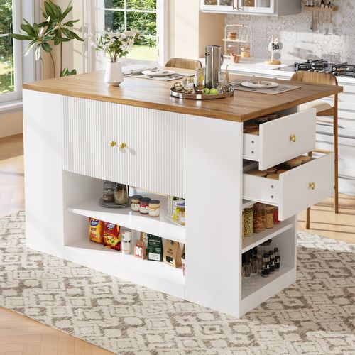 Ilot Central Ilot De Cuisine Avec 3 Portes, 2 Tiroirs Et Bureau Pliable Blanc