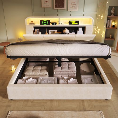 Lit Coffre 140x190cm Avec LED, USB Et Tête De Lit Avec Rangement Velours Beige