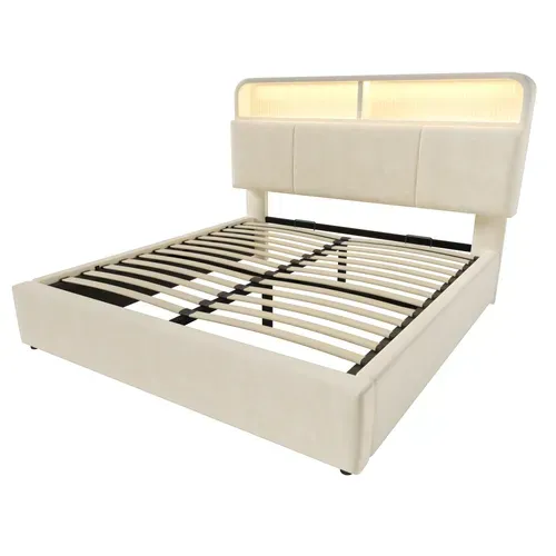 Lit Coffre 140x190cm Avec LED, USB Et Tête De Lit Avec Rangement Velours Beige