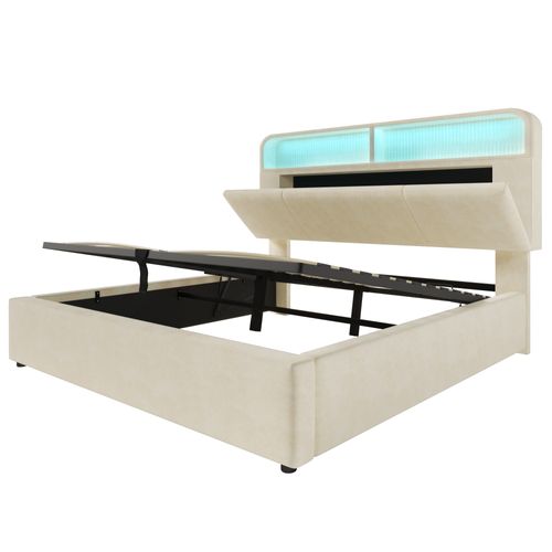 Lit Coffre 140x190cm Avec LED, USB Et Tête De Lit Avec Rangement Velours Beige