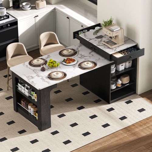 Ilot Central Ilot De Cuisine Avec 1 Porte, 2 Tiroirs Et Table Extensible Noir