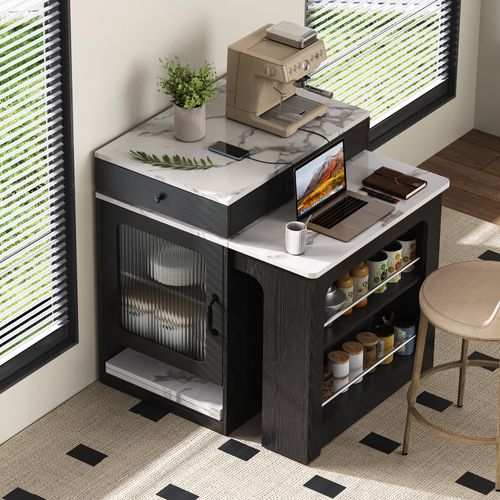 Ilot Central Ilot De Cuisine Avec 1 Porte, 2 Tiroirs Et Table Extensible Noir
