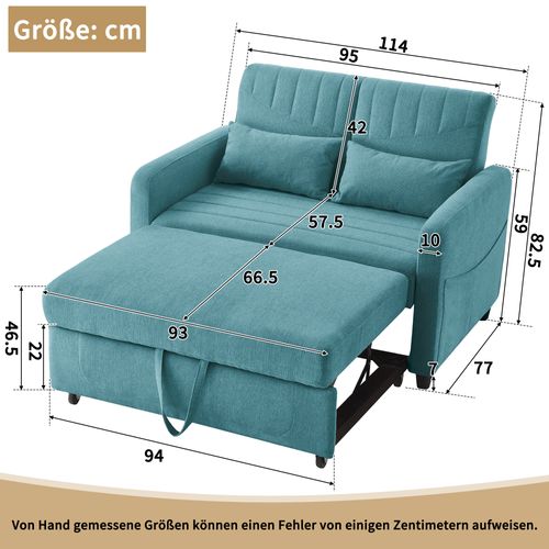 Canapé Convertible 2 Places Avec Dossier Réglable Sur 3 Niveaux Bleu